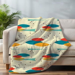 Mid Century Modern Sherpa Fleece Blanket, MCM Geometric Throw in Green and  Yellow Atomic Starburst Throw Blanket Retro Style Home Decor