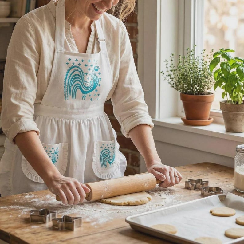 May include: A white apron featuring a teal graphic print of a stylized rooster surrounded by small stars. The apron has two front pockets with ruffled edges and a neck strap, worn over a light-colored long-sleeved shirt while using a wooden rolling pin.
