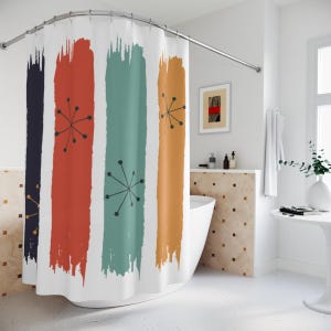 Mid Century Modern Retro Geometric Shower Curtain Vintage 1950s MCM Orange Teal Yellow Quirky Colorful Bathroom Decor MCM Shower Curtain