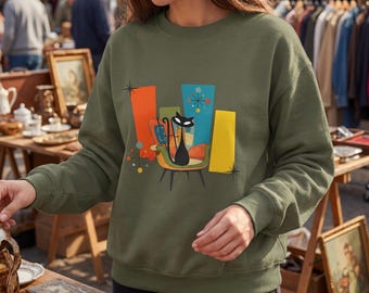 Atomic Cat Sweatshirt Mid Century Modern Cat Lover Gift Vintage Style Cozy Winter Pullover for Women Men Thrift Store Outfit