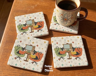 Atomic Cat Coasters Mid Century Modern Set Of 4 Retro Soapstone Drink Coasters for MCM Cat Lovers Gift Retro Home Bar Accessories
