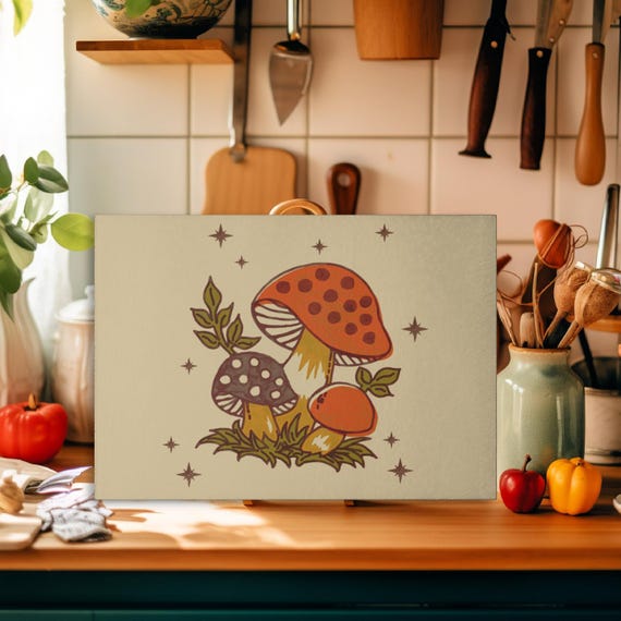 Retro Mushroom Glass Cutting Board 70s Kitchen Decor Merry Mushroom Style Chopping Board Cottagecore Kitchen Gift Nostalgic Home Accent