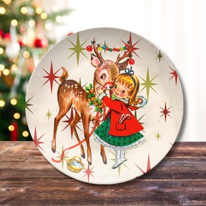 Retro Vintage 50s Franciscan Diamond Starburst Kitsch Christmas Card Art Platter, Retro 50s Cookies For Santa Plate Girl with Reindeer