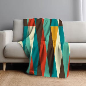 Mid Century Modern Sherpa Fleece Blanket MCM Geometric Throw in Teal and Burnt Orange Atomic Starburst Throw Blanket Retro Style Home Decor