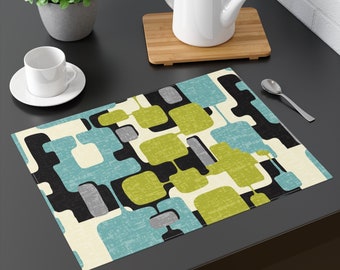 Mid Century Modern Geometric Abstract Placemat, Retro Teal, Lime Green, Gray, Black MCM Table Linen
