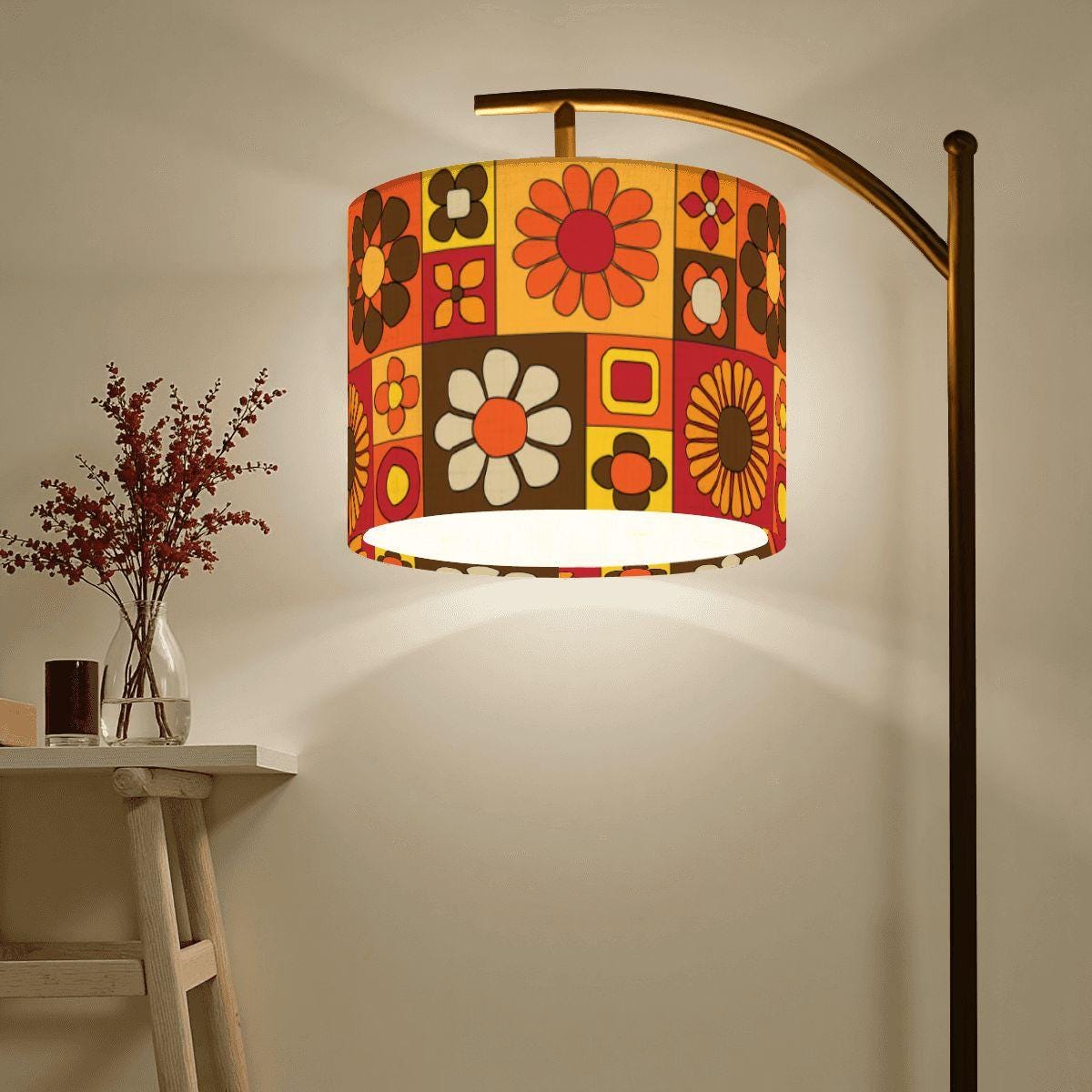 Groovy 70s Arc Floor Lamp Retro Floral Shade Vintage Home Decor