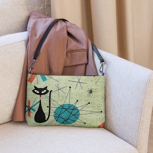 Bolso de mano con forma de gato atómico, bolso cruzado con forma de gato atómico, bolso de hombro con forma de gato negro, regalo de gato kitsch, bolso de mano con forma de gato retro de los años 50, monedero MCM, regalo para amantes de los gatos