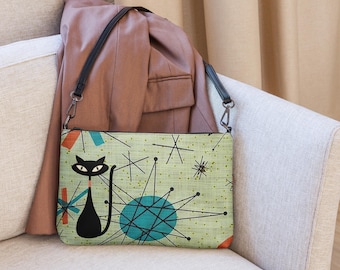 Atomic Cat Handbag, Atomic Cat Crossbody Bag, Black Cat Shoulder Bag, Kitschy Cat Gift, 50s Retro Cat Hand Bag, MCM Purse, Cat Lover Gift