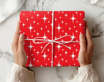 Papel de regalo Atomic Starburst estilo retro de mediados de siglo, ideal para regalos de Navidad, cumpleaños o bodas y manualidades.