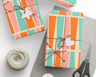 Papel de regalo retro rojo de mediados de siglo, papel de regalo naranja atómico y verde azulado, papel de regalo navideño vintage, papel de regalo bonito de los años 50.