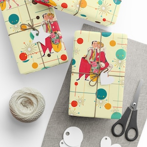 1950s Retro Vintage Christmas Wrapping Paper, Vintage 1950s Wrapping Paper, Mid Century Modern Pink Gift Wrap, MCM Christmas Wrapping Decor