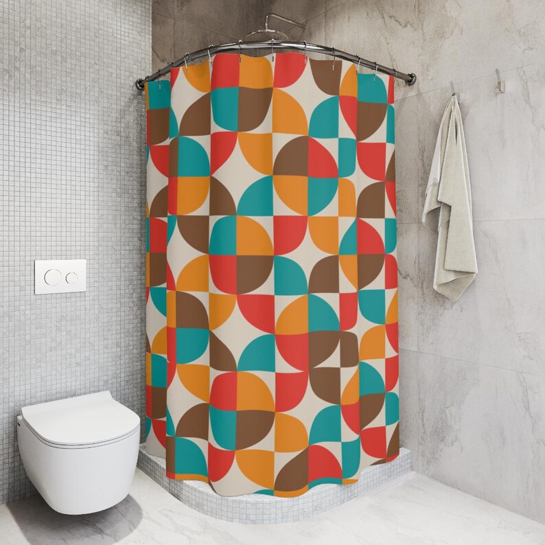 Teal orange brown geometric shower curtain for retro bathroom decor upgrades or unique home styling.
