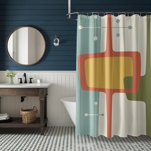 Mid Century Modern Retro Geometric Shower Curtain Vintage 1950s MCM Lime Cream Green Mustard and Teal Quirky Colorful Bathroom Decor