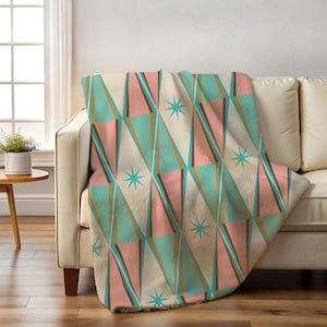Mid Century Modern Sherpa Fleece Blanket, MCM Geometric Throw in Cream, Teal, and Pink Atomic Starburst Throw Blanket Retro Style Home Decor