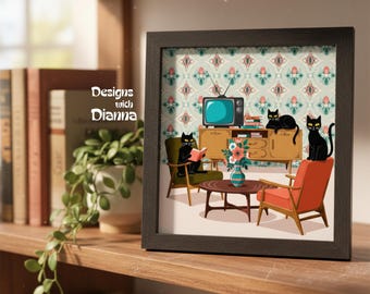 Atomic Cat Art Mid Century Modern Decor Unique Cat Lover Gift Retro Home Decor Quirky Cat Wall Art Vintage Mod Cat Lover Gift Atomic Style