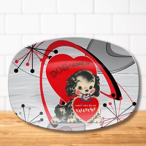 Retro Vintage 50s Kitsch Valentine&#39;s Card Art Platter Mid Century Modern Atomic Starburst Valentine Serving Tray Retro Valentine Home Decor