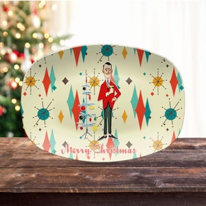 Retro Vintage 50s Franciscan Diamond Starburst Kitsch Christmas Card Art Platter, Retro Vintage 50s Cookies For Santa Plate