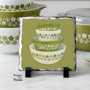 Pyrex Spring Blossom Green Slate Tile – Vintage Mixing Bowl Stack Art – Retro Kitchen Decor Gift for Pyrex Collectors & Fans