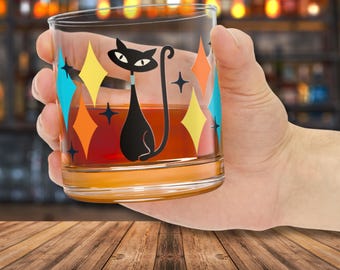 Atomic Cat Rock Glasses Retro Drinkware Mid Century Modern Whiskey Glass Gifts Unique Cat Lover Present MCM Retro Cat Barware Home Decor