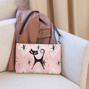 Bolso de mano con forma de gato atómico, bolso cruzado con forma de gato atómico, bolso de hombro con forma de gato negro, regalo de gato kitsch, bolso de mano con forma de gato retro de los años 50, monedero MCM, regalo para amantes de los gatos