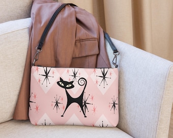 Atomic Cat Handbag, Atomic Cat Crossbody Bag, Black Cat Shoulder Bag, Kitschy Cat Gift, 50s Retro Cat Hand Bag, MCM Purse, Cat Lover Gift