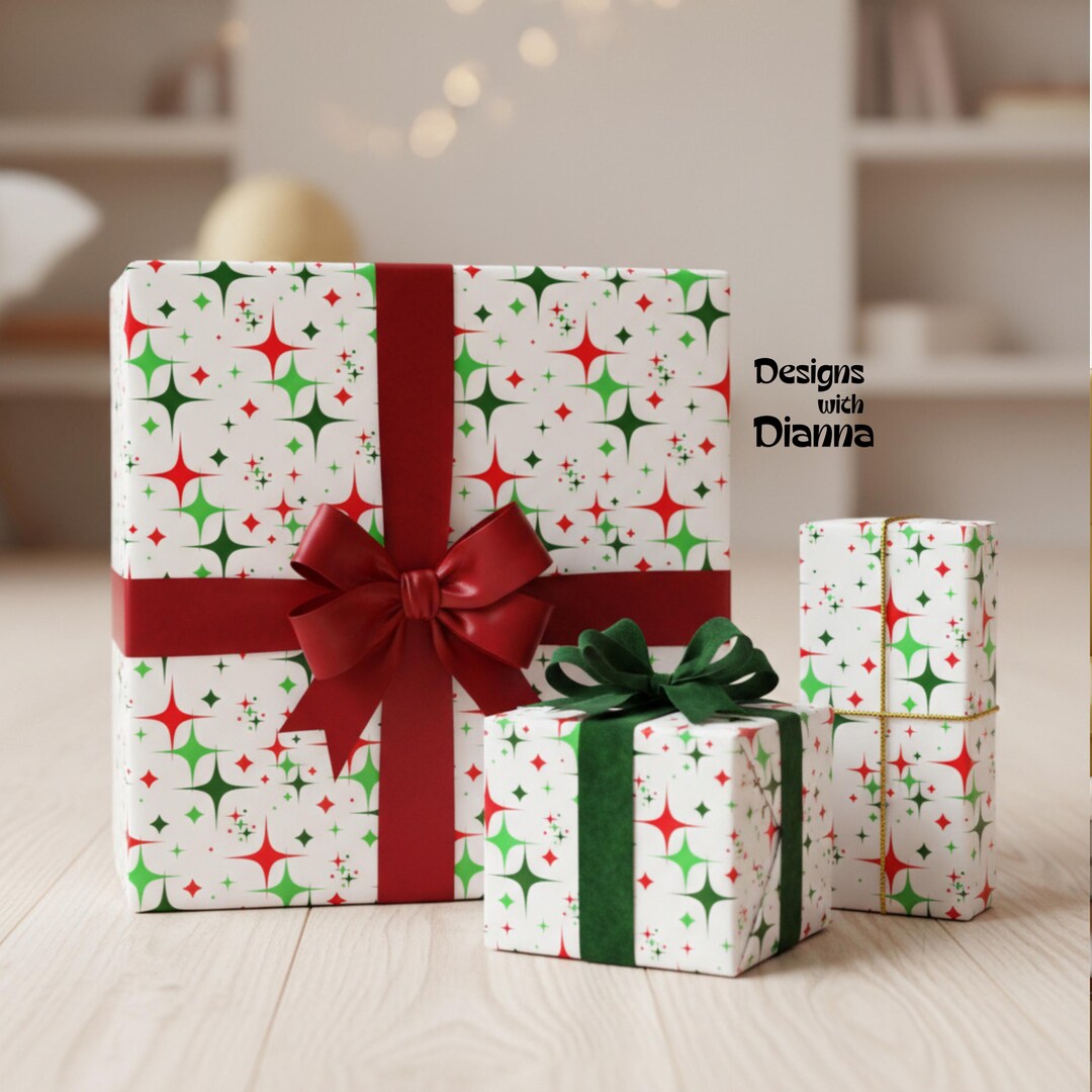 Retro Christmas Wrapping Paper Mid Century Starburst Holiday Gift Wrap ...