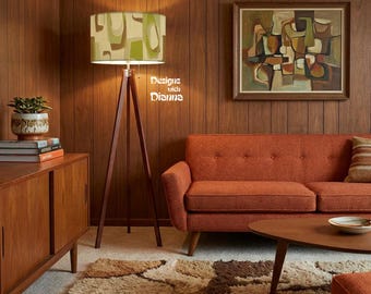 Mid Century Modern Tripod Floor Lamp Retro Olive Green Drum Lampshade Atomic MCM Floor Light Geometric Living Room Decor