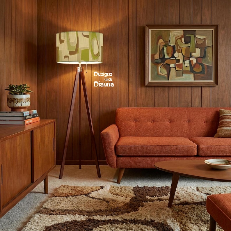 Retro Tripod Floor Lamp Mid Century Modern Lighting Olive Green Geometric Drum Shade Atomic Style Living Room Lamp