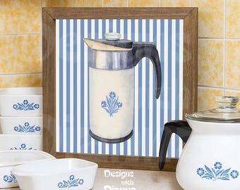 Corningware Blue Coffee Pot Wall Art Vintage Kitchen Decor Retro Coffee Bar Print Nostalgic Artwork Gift For Collectors Framed Art