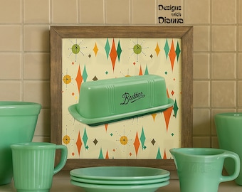 May include: A collection of vintage-style kitchenware in a soft green hue. The set includes a butter dish with "Butter" text, small plates, a mug, and a measuring cup. A framed print with a retro diamond pattern is in the background.