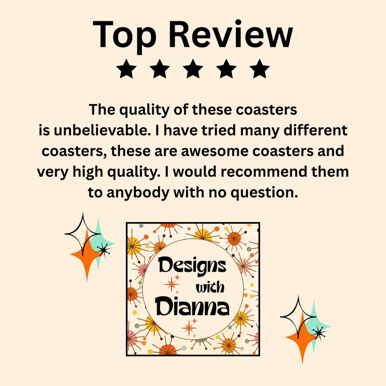 May include: Image features a customer review with the headline "Top Review" and five black stars. The review praises the quality of coasters. A circular logo with the text "Designs with Dianna" is also visible.