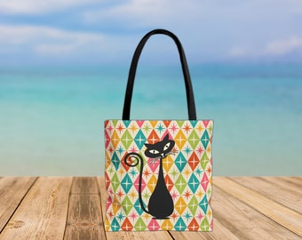 Atomic Cat Tote Bag, Atomic Cat Reistas, Atomic Cat Strandtas, Retro Mid Century Weekendtas