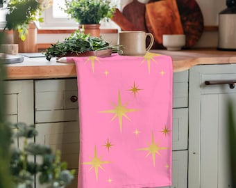 1950s Retro Kitchen Tea Towel Mid Century Modern Kitchen Chef Gift Atomic Age Decor Retro Kitchen Pink and Gold Decor MCM Kitchen Gift