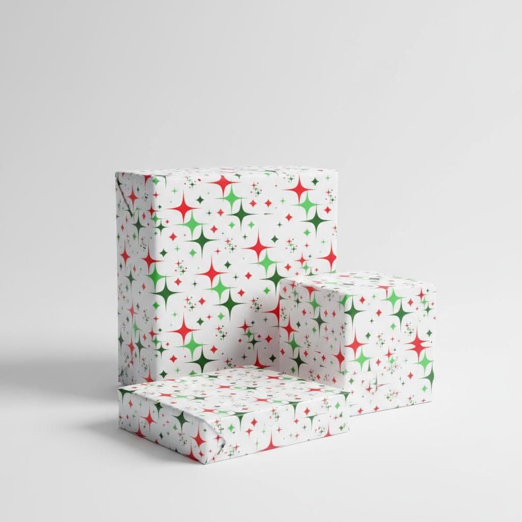 Retro Christmas Wrapping Paper Mid Century Starburst Holiday Gift Wrap ...