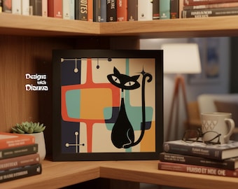 Könnte beinhalten: Ein quadratisches gerahmtes Wandbild mit einer stilisierten schwarzen Katzenillustration vor einem Hintergrund aus überlappenden geometrischen Formen in Türkis, Orange und Dunkelblau. Der Text Designs with Dianna steht links in Weiß.