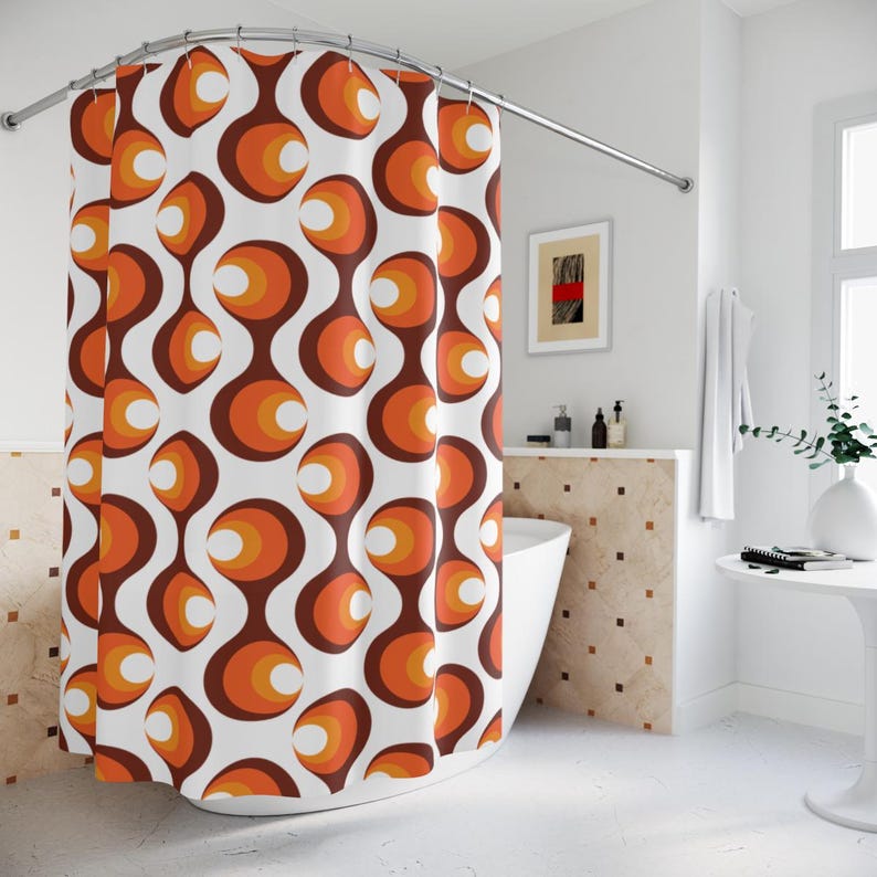 Mid Century Modern Retro Geometric Shower Curtain Vintage 1970s MCM Orange Quirky Colorful Bathroom Decor MCM Shower Curtain White