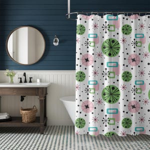 Mid Century Modern Retro Geometric Shower Curtain Vintage 1950s MCM Pink Green Teal Quirky Colorful Bathroom Decor MCM Shower Curtain