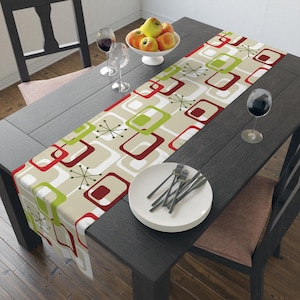50s Mid Century Modern Geometric Starburst Table Runner, MCM Christmas Abstract Table Runner, Abstract Table Decor in Beige Red Green