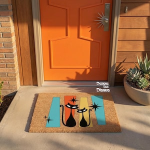 Atomic Cat Doormat Mid Century Modern Door Mat Retro Cat Welcome Mat MCM Entry Rug Vintage Style Porch Decor