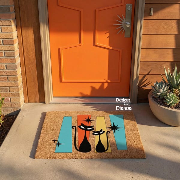 Atomic Cat Doormat Mid Century Modern Door Mat Retro Cat Welcome Mat MCM Entry Rug Vintage Style Porch Decor