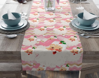 Camino de mesa retro rosa de Papá Noel, decoración navideña vintage de los años 50, mantel rosa, regalo de inauguración de la casa retro de Papá Noel para mujeres