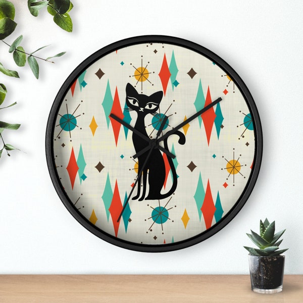 Retro Atomic Cat Wall Clock, Atomic Cat 50s Style Decor, Mid Century Modern Style Clock, MCM House Decor, Retro Style Cat Theme Clock