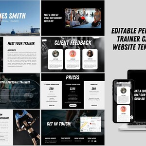 Puede incluir: Plantilla de sitio web editable para un entrenador personal. La plantilla presenta un esquema de color blanco y negro con imágenes de personas haciendo ejercicio. El texto incluye las palabras "Plantilla de sitio web Canva de entrenador personal editable", "Conoce a tu entrenador", "Comentarios de los clientes", "Precios", "¿Por qué entrenar con un entrenador personal?", "¿Quién puede beneficiarse de las sesiones de entrenamiento personal?", "¡Ponte en contacto!" y "¡Echa un vistazo a cómo podría ser nuestra sesión!"