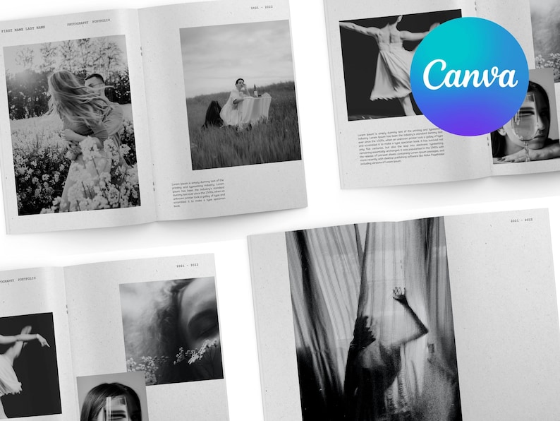 May include: A black and white photography portfolio with images of a couple embracing, a woman dancing, a woman looking at the camera, and a person standing behind a sheer curtain.