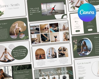 Yoga instructor website design template editable in Canva | fitness studio, personal trainer, pilates coach website | green & white branding