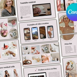 May include: A presentation slide deck with a pink background and a variety of images and text. The text includes "Youtube content", "Examples of video creation", "Price list", "Brands I have worked with", and "Product reviews on blog". The images include a woman with long brown hair, a woman with a necklace, and a woman working on a laptop.