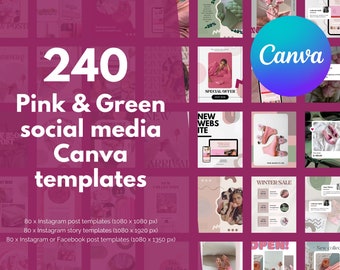 240 Canva editable social media templates pink and green | aesthetic feed for Instagram and Facebook | story & post bundle