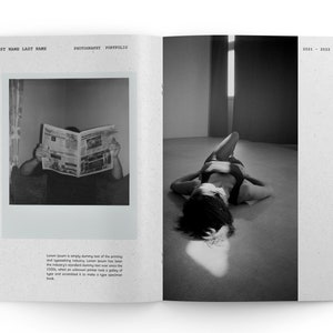 May include: A black and white photography portfolio featuring two images. The first image shows a person reading a newspaper. The second image shows a person lying on the floor with a beam of light shining on them. The text "2021 - 2022" is printed on the page.