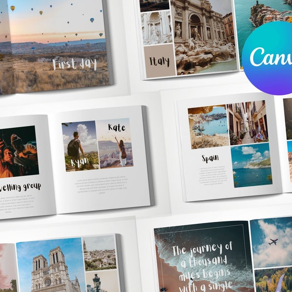 Travel photo book editable Canva template | customizable minimal photo album | travel memories square ebook template | scrapbook