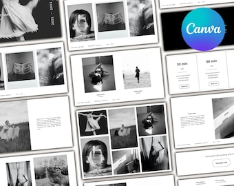 Minimal black&white editable Canva website template for photographers, videographers to show portfolio, photo gallery, pricelist, contacts